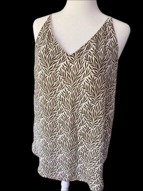 LOFT Leaf Print Sleeveless Blouse Ivory Brown V-Neck Tank Top L